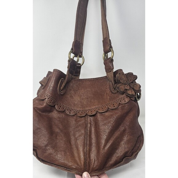 Lucky Brand Handbag Brown Italian Leather Boho Floral Applique Shoulder Bag Rare - Picture 2 of 16